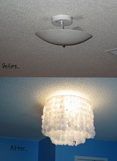 before and after photos of a ceiling light in a room with blue walls, white chandelier hanging from the ceiling