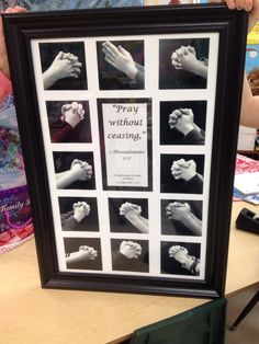 a black and white frame with pictures of hands holding each other's fingers, saying pray without ceasing