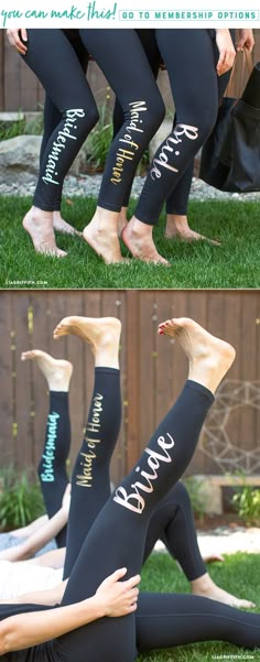 the legs and ankles of a woman in black leggings with words written on them