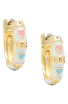 Colorful hearts add instant charm to these kid-size hoop earrings that'll easily elevate their everyday ensembles. Adult supervision strongly recommended; jewelry presents choking hazard and should be removed when infant or small child is unattended Goldtone plate/enamel Imported Cute Hypoallergenic Huggie Hoop Earrings, White Hypoallergenic Huggie Jewelry, Cute Huggie Hoop Earrings For Valentine's Day, Hypoallergenic White Huggie Jewelry, Valentine's Day Cute Huggie Hoop Earrings, Cute Adjustable Hoop Earrings, Cute Huggie Hoop Earrings, Cute White Huggie Jewelry, Nickel Free White Huggie Jewelry