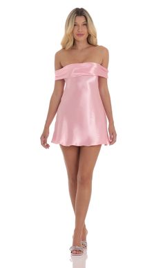 Satin Off Shoulder Dress in Pink | LUCY IN THE SKY Off-shoulder Satin Dress For Summer Nights, Feminine Satin Mini Dress For Spring, Feminine Satin Mini Dress For Night Out, Spring Mini Dress With Satin Finish For Night Out, Chic Satin Dress With Boning, Off-shoulder Silk Satin Dress For Night Out, Strapless Satin Summer Dress, Flirty Satin Dress With Tie Back, Fitted Satin Dress With Tie Back For Spring