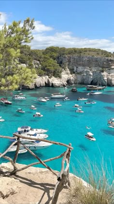 many boats are in the blue water near some rocks and trees, while another boat is out on the water