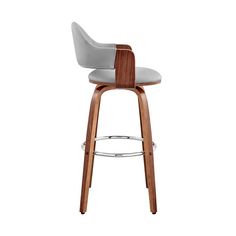 the modern bar stool with grey upholstered seat and wooden frame, on an isolated white background