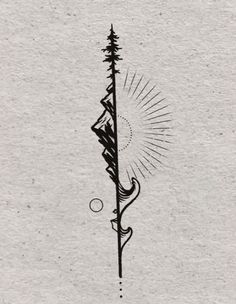 a black and white drawing of a tall tree with sunbursts on it