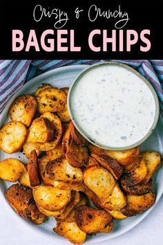 A plate of bagel chips with a text overlay title.