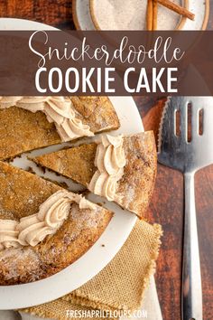 a close up of a cake on a plate with the words, snickkerspoodle cookie cake