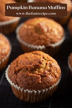 pumpkin banana muffins on a cooling rack with the words, pumpkin banana muffins