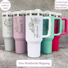 four different colored tumbles with the words, free worldwide shipping on each one side