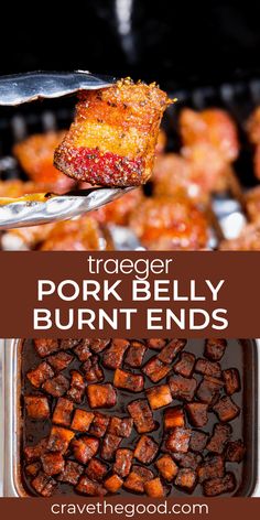 there is a fork with food in it and the words, trader pork belly burnt ends