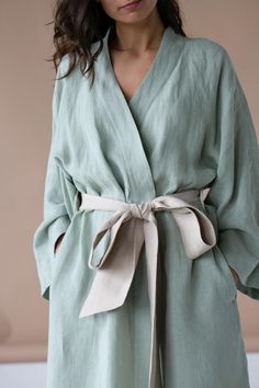 Soft, breathable and light linen robe - it is exactly what you need to cover yourself in a chilly summer mornings or in the evening. It looks beautiful in mint color with sand color belt, but you can have it in deferent colors if you like - just write us! ONE SIZE It comes in one size so you don't have to worry wether it fits or not - it looks beautiful either on petite or a plus size body type. The model is 174 cm / 5'7 ft tall. GARMENT INFORMATION - It has comfortable pockets, wide stylish and Plus Size Luxury Fashion, Linen Robes, Linen Bathrobe, Linen Robe, Beautiful Summer Dresses, Linen Tunic, Sash Belt, Womens Robes, Mint Color