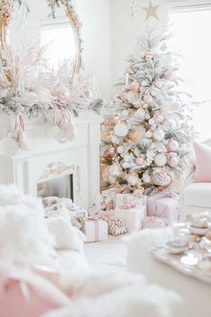 25+ Christmas Home Decor Ideas Pink for a Festive Touch Gold Flocked Christmas Tree, Flocked Christmas Tree, Living Room Christmas, Silver Christmas Decorations, Flocked Christmas Trees Decorated, Christmas Tours