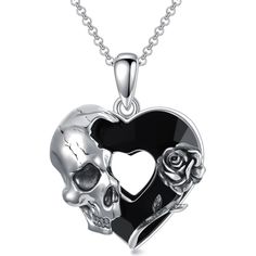 PRICES MAY VARY. 🖤DESIGN🖤 Gothic Revival style skull necklace,The skull represents life and death while the rose represents beauty and love. Together, the skull and rose tattoo symbolize a struggle between the beautiful and the ugly in times of evil versus good. The eternal struggle between good and darkness. And from death comes new life. 🖤MATERIAL🖤 The rose skull necklace is made of 100% 925 sterling silver, which is nickel-free, lead-free and cadmium-free. It is hypoallergenic, so you're Rose Represents, Skeleton Heart, Jewelry Goth, Rose Skull, Skull Gifts, Gothic Revival, Gothic Gifts, Heart Crystal, Skull Necklace