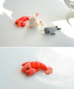 two pictures of toys that look like lobsters and a mouse on top of each other