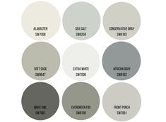 six different shades of gray and white with the names of each paint colors in them