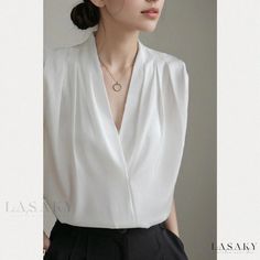 Lasaky - Loose and Minimalist Satin White Sleeveless Chiffon Blouse Chic Plain Summer Blouse, Sleeveless Solid Color Tops For Work, Elegant Solid Blouse For Summer, Elegant Solid Color Blouse For Summer, Elegant Plain Top For Summer, Versatile Formal Summer Blouse, Plain Summer Office Tops, Sleeveless Solid Color Blouse For Work, Summer Workwear Plain Blouse