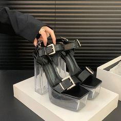 LBSFY - Transparent Platform Sandals Women Pumps Square Toe High Heel Sandals Female Belt Buckle Open-toe Stripper Party Bridal Shoes Sport Slippers, Mary Jane Heels, Sandals Women, Heel Sandals, Bridal Shoes, High Heel Sandals, Belt Buckle, Belts For Women, Low Heels