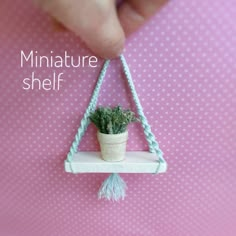 a miniature shelf with a potted plant hanging from it's side and the words miniature shelf above it