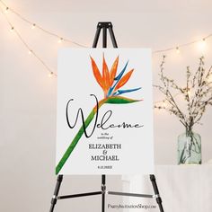 Bird of Paradise Wedding Welcome Sign Bird Of Paradise Wedding Theme, Birds Of Paradise Centerpiece, Birds Of Paradise Wedding Centerpieces, Birds Of Paradise Wedding, Bird Of Paradise Watercolor, Tropical Chic Wedding, Haitian Wedding, Foam Board Sign