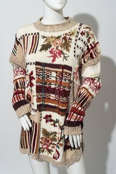 "Gorgeous vintage sweater by Tiara International. The sweater is made from a knit of cream, tan, brown, dusty rose, maroon, greens, and caramel. The sweater showcases a lovely floral pattern. The sweater is the perfect oversized 1990s chunky sweater. If you know, you know. If you don't, even the extra small sweaters in the 90s were LARGE. Tina the Mannequin loves this sweater! It's soft and pretty and super chunky! It's big too. It's about to become your new favorite sweater. Tina can just tell. Tag: Tiara International Size: vintage 1990s medium  Measurements: Chest: 21.5\" Sleeve: 20\" Length: 29\" Materials: Ramie, Cotton, Other Stored in a smoke-free, pet-free environment. Please note that not all screens are properly color calibrated. All images are taken with professional photo gear Vintage Tiara, Photo Gear, Small Sweaters, Vintage Pullover, Small Sweater, Super Chunky, Dreamy Dress, Favorite Sweater, Vintage Sweater