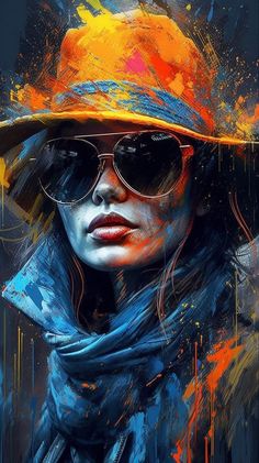 a painting of a woman wearing sunglasses and a hat