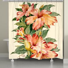 a shower curtain with flowers painted on it