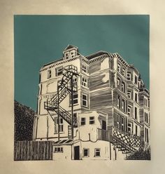 a black and white drawing of a building with stairs on the front, against a teal blue background