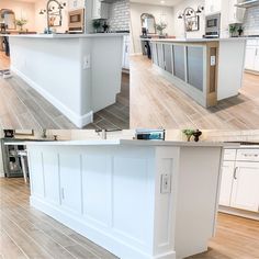 three pictures of a kitchen with white cabinets and an island in the middle one is empty