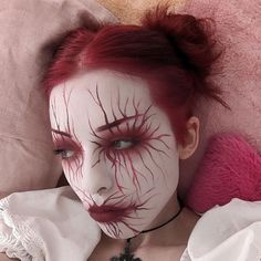 @bergfine on Instagram Goth corpse paint goth girl alt alternative 90s white face paint red corpse paint red hair Makeup That Goes With Red Hair, Red Edgy Makeup, Monster Makeup Pretty, Punk Face Paint, Red Goth Hair, Red Makeup Halloween, Face Paint Makeup Ideas, Red Alt Makeup, Goth Face Paint