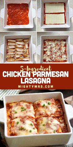 chicken parmesan lasagna recipe in white casserole dishes with text overlay