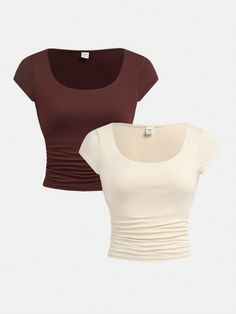 Caqui Casual Collar   Liso  Embellished Elástico Ligero Trendy Clothes For Women Shein, Cute Basics Clothes, Cute Tops And Where To Get Them, Clothes Shirts & Tops, Cute Modest Shirts, Cute Shirts From Shein, Cute Basic Shirts, Cute Shein Shirts, Shein Shirts & Tops