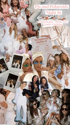 the collage shows many different women dressed in white