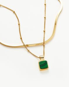 Iconic Lucy Williams Malachite Necklace Set 18ct Gold Plated Vermeil/Malachite. Upgrade Your Layers with a Pop of Colour in a Standout Set. Teamed Together, the Lucy Williams Square Malachite Necklace and Square Snake Chain Necklace Make a Unique Impact. Save When Buying Them Together: was $329, Now $291. Luxury Green Malachite Necklace, Luxury Malachite Necklaces For Gifts, Gold Malachite Necklace For May Birthstone, Gold Malachite Gemstone Necklace, Double Chain Bracelet, Lucy Williams, Double Chain Necklace, Malachite Necklace, Silver Necklace Set