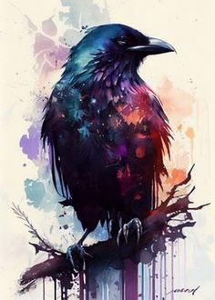 a painting of a black crow sitting on a branch with paint splatters all over it