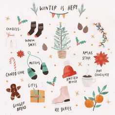 an illustrated christmas card with winter items and words