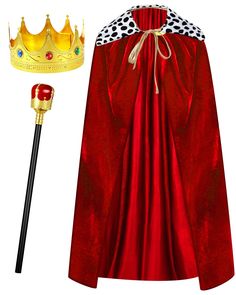 a red cloak with a gold crown and a black stick