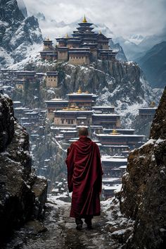 a monk standing in front of a mountain with snow on the ground and mountains behind him