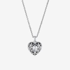 Add this Sparkle Allure pure silver over brass 18 inch heart locket necklace to your jewelry collection for a simple and trendy look. This locket necklace is crafted in pure silver over brass, features a beautiful sparkling Cubic Zirconia stone and can be opened to add small memorable pieces. The chain is 18 inches in length with a 2 inch extender, a solid link construction and a spring ring clasp for a safe and comfortable wear. You can stack this locket necklace with your other favorite neckla Elegant Round Heart Necklace With Locket, White Gold Locket Necklace For Anniversary, Elegant Round Heart Locket Necklace, Anniversary White Gold Locket Necklace, Sterling Silver White Gold Heart Charm Locket Necklace, Silver Sterling Silver Heart Pendant Locket Necklace, Nickel Free Heart Shaped White Gold Jewelry, Elegant Silver Charm Necklace With Heart, White Gold Sterling Silver Locket Necklace With Heart Charm