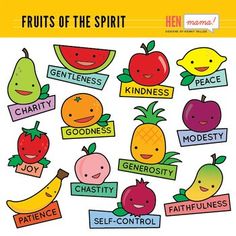 fruits of the spirit stickers with words and pictures on them, including apples, bananas,