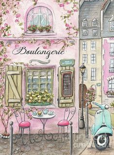 a painting of a pink building with flowers in the window and a scooter parked outside