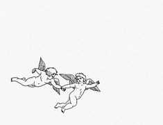 two cherubs flying in the sky, one holding on to the other's tail