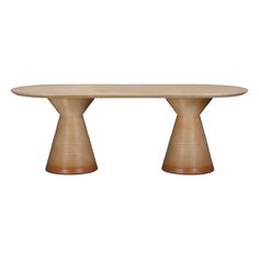 an oval wooden table with two legs on the top and one leg raised up to the side