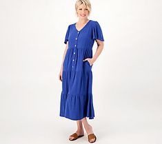 Nothing captures those vacation mode feels quite like linen -- and this midi makes it even easier with an easy-care blended fabric. Lean into this long dress for sunset suppers and cocktails with your crew -- even if reservations are on your own back deck. From Susan Graver. Vacation Midi Dress For Brunch, Brunch Vacation Midi Dress, Vacation Brunch Midi Dress, Casual Linen Midi Dress For Brunch, Casual Mid-length Midi Dress For Beach, Summer Beach Maxi Dress With Buttons, Buttoned Midi Dress For Summer Vacation, Casual Midi Dress With Relaxed Fit For Vacation, Casual Mid-length Sundress For Vacation