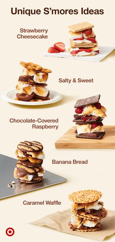 an image of sandwiches with different toppings on the top and bottom, including strawberries, strawberry cheesecake, chocolate - covered raspberry, banana bread, and caramel waffle