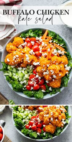 two pictures show different views of the salad in each bowl, with chicken and vegetables on top