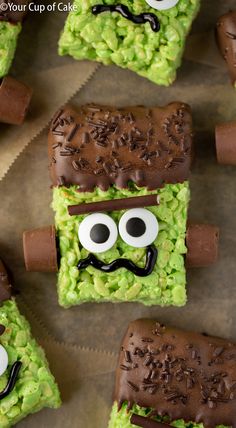 green rice krispy kreme treats with googly eyes and mustaches on them