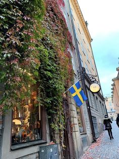 two people walking down the street in front of a building with ivy growing on it