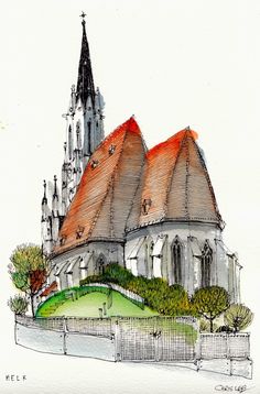 a drawing of a church with red roof tops