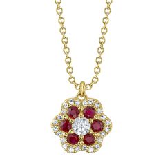 14K Gold Diamond And Ruby Flower Pendant Necklace Natural Round Cut 0.38 CTWModel Number: SDL55025690WY Yellow Gold Flower Shaped Gemstone Necklace, Yellow Gold Flower Necklace With Gemstone, Yellow Gold Gemstone Necklace In Flower Shape, Yellow Gold Flower-shaped Gemstone Necklace, Yellow Gold Flower Necklace For Formal Occasions, Formal Red Flower Necklace, Rings Fancy, Diamond Flower Necklace, Mens Diamond Jewelry