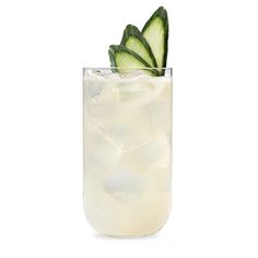 a cucumber in a tall glass with ice