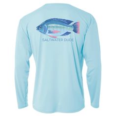 a blue long sleeve shirt with a fish on the front and words saltwater dude